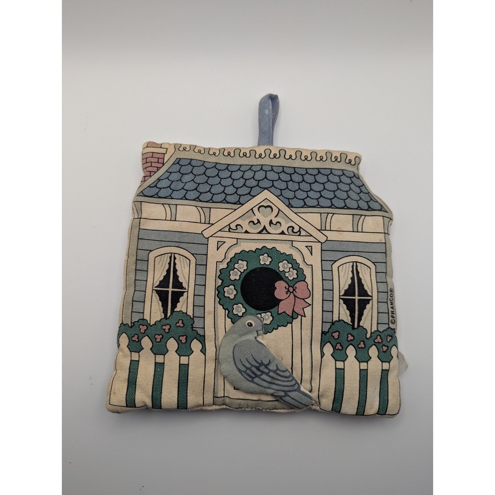Vintage Franco® Blue House Blue Bird White Fence Potholder Kitchen‎ Decor 8x8